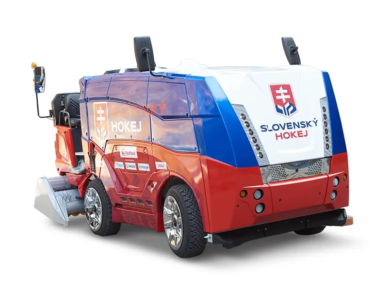Veicolo di manutenzione con logo Slovensky Hokej su sfondo bianco.