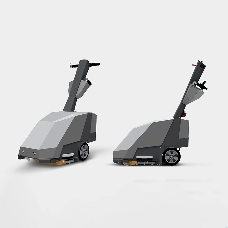Two gray robot vacuum cleaners with handles and wheels, on a white background.