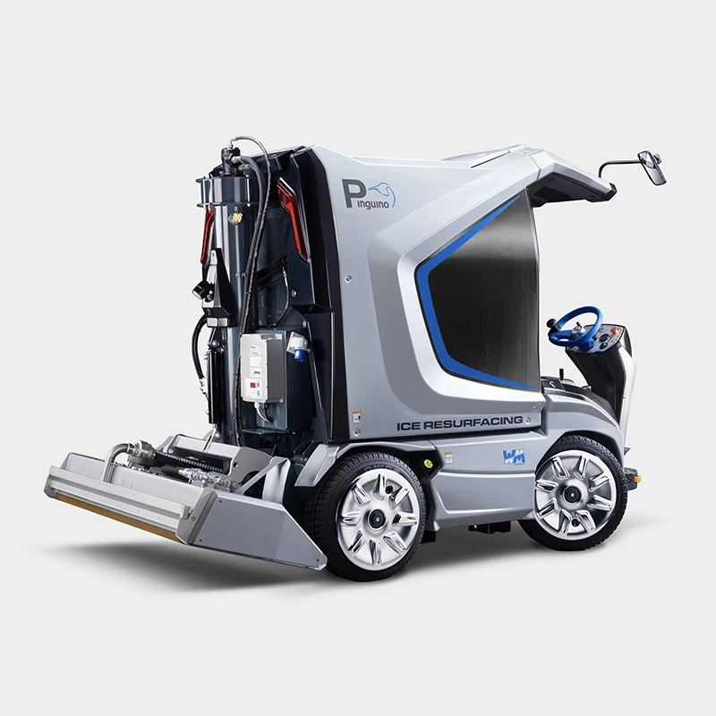 Ice removal machine with open roof, steering wheel and front wheels.